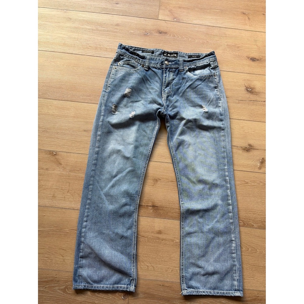 BKE Black Low Rise Bootcut‎ Distressed Jeans Mens size 34x32 Embroidered Pockets